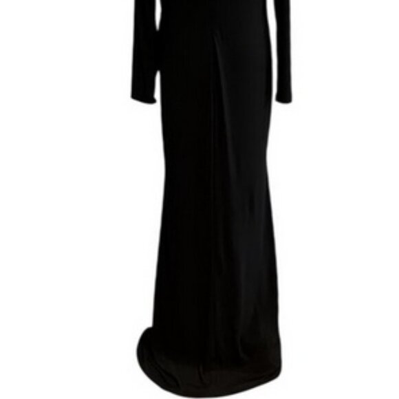 Mac Duggal Black Long Sleeve Wrap Front Side Beaded Fringe Gown - Picture 4 of 5